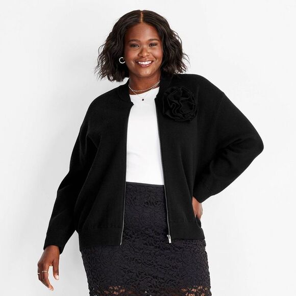 Future Collective - Women's Rosette Sweater Bomber Jacket - Future Col Black - Picture 1 of 3